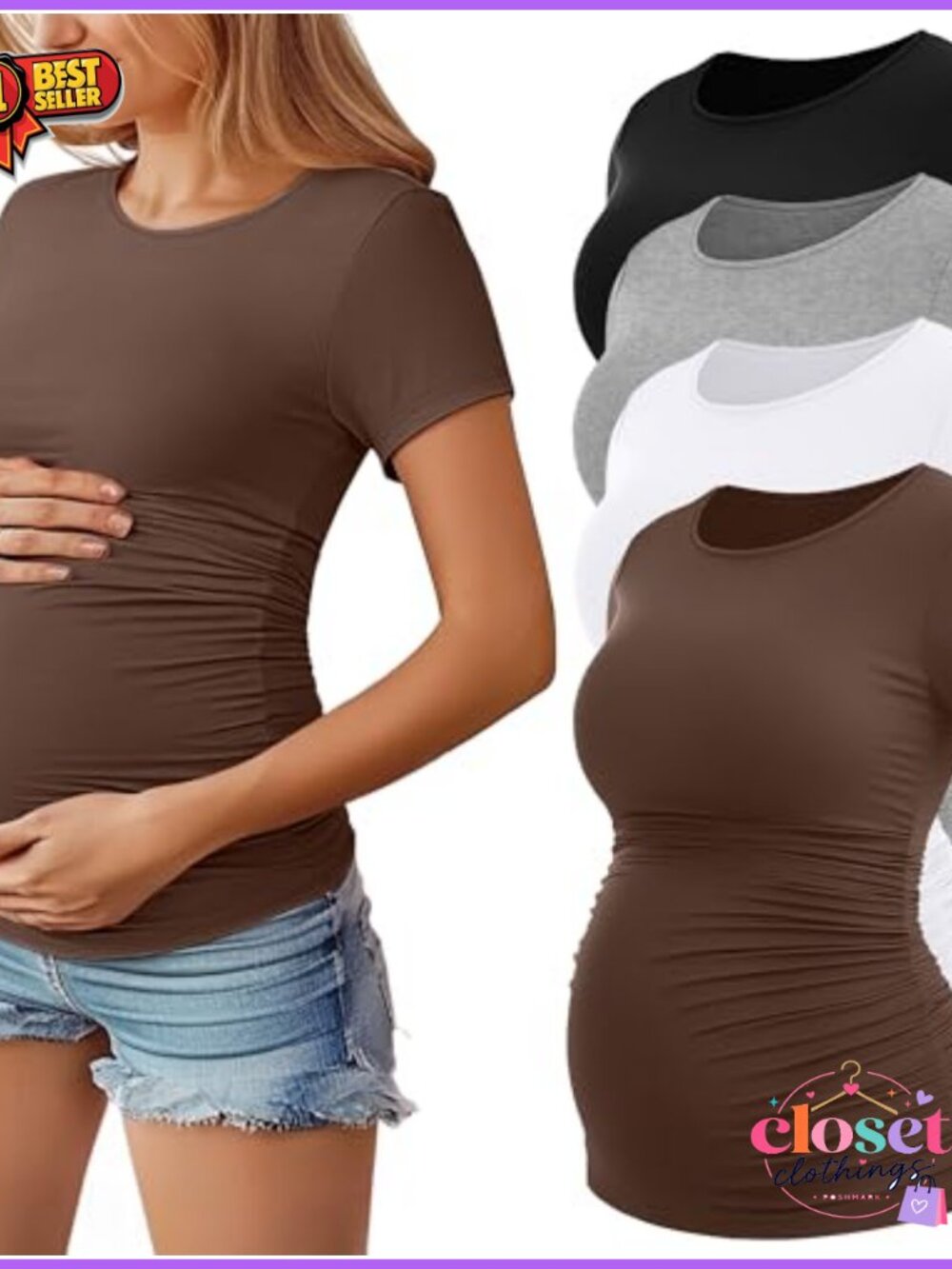 4 Pack Maternity T-Shirts Short Sleeve Cotton Spandex Crew Neck Ruched Side